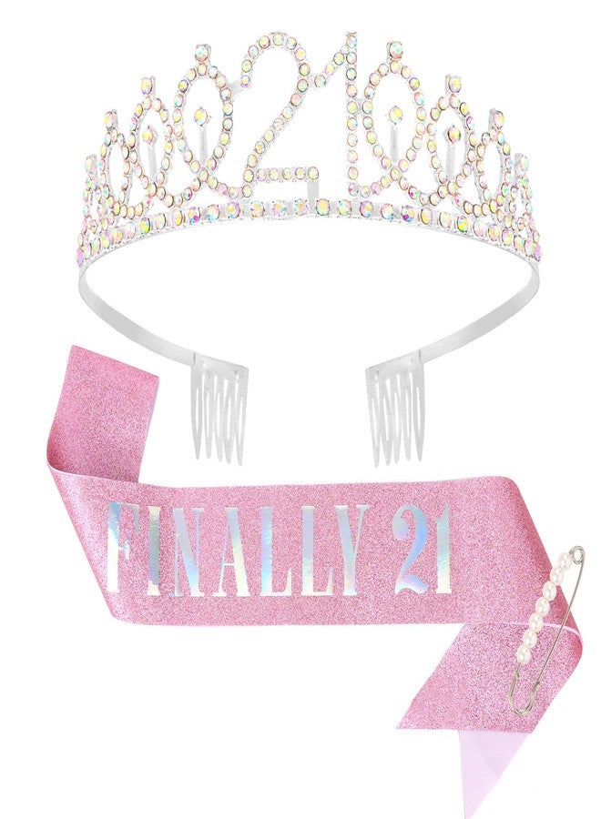 CAVETEE Birthday Headband for women, 21st Birthday Decorations Finally 21 Sash and Crown for 21st Party (Silver&Pink, Onesize) - Image 1